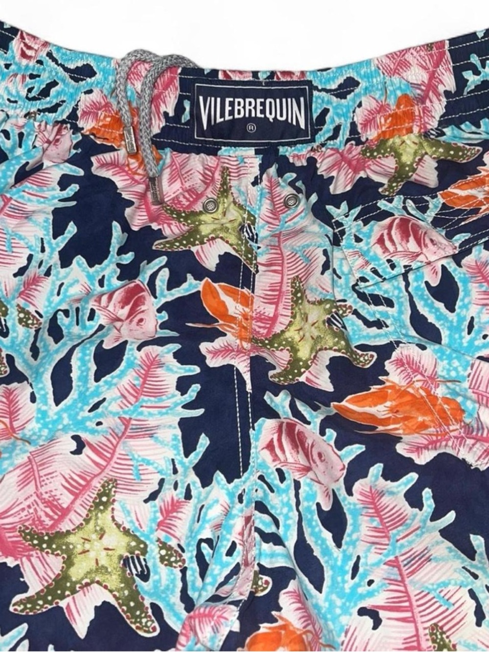 Vilebrequin Navy Swim Trunks with Turquoise, Pink & Orange Tropical Print